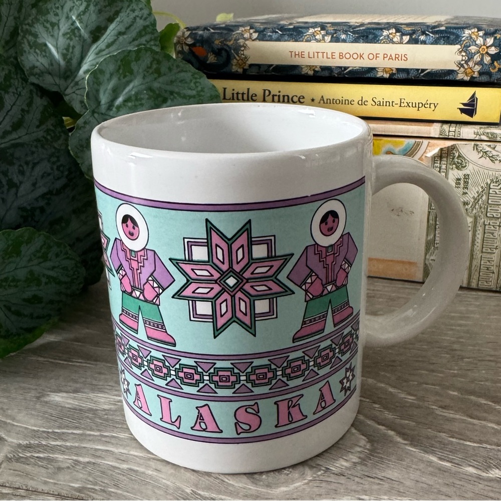 Vintage Alaska Themed Coffee Cup Mug white Pink Green Southwestern Travel Design